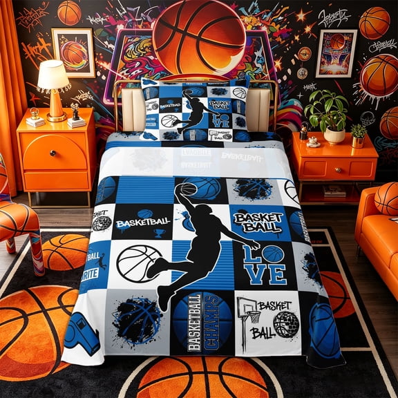 Castle Fairy Basketball Gamer Collage Twin Sheets 3pcs, Sport Geometric Grid Bedding, Black Navy Blue,1 Fitted Sheet, 1 Flat Sheet and 1 Pillowcase