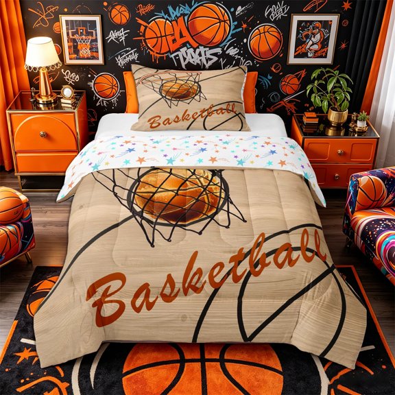 Castle Fairy Basketball Hoop Print Twin Comforter Sets 2pcs, Court Line Design Bedding Set, Brown Orange Black,1 Comforter and 1 Pillowcase
