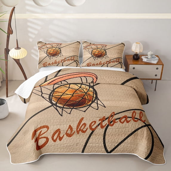 Castle Fairy Basketball Hoop Print Twin Quilt Set,Court Line Design Twin Coverlet Set,Brown Orange Black