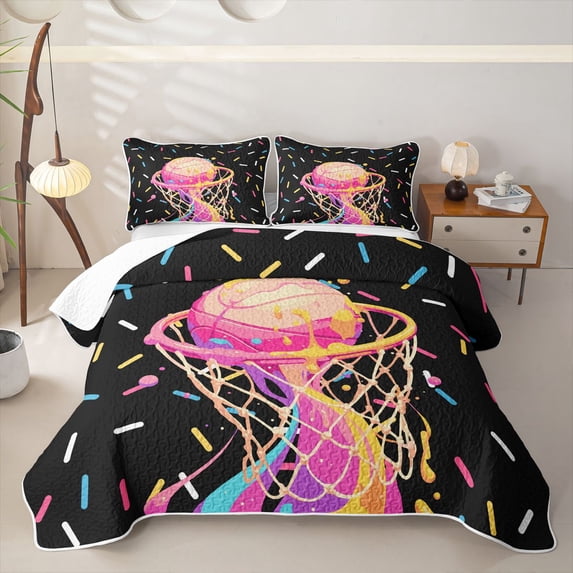 Castle Fairy Basketball Ice Cream Quilt Full,Sport Theme Graffiti Splash Full Bedspread Sets,Black Pink