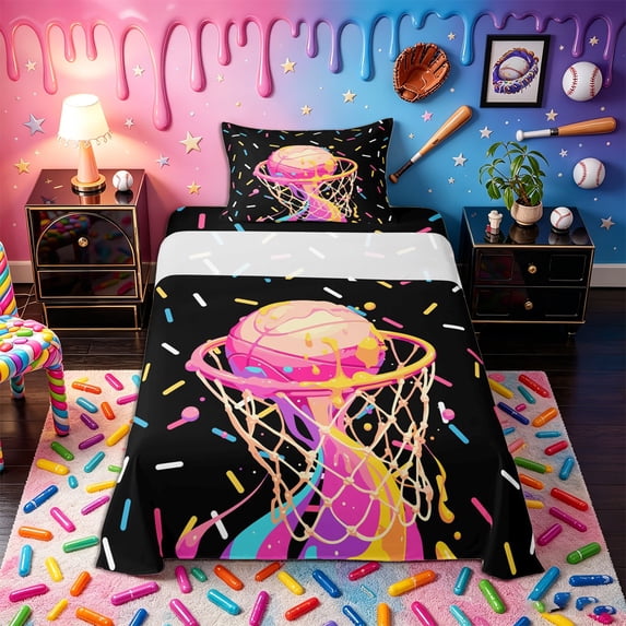 Castle Fairy Basketball Ice Cream Twin Sheets 3pcs, Sport Theme Graffiti Splash Bedding, Black Pink,1 Fitted Sheet, 1 Flat Sheet and 1 Pillowcase