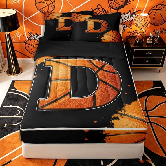Castle Fairy Basketball Letter D Zipper Full Size Comforter Sets with Fitted Sheet and 2 Pillowcases, Sport Graffiti Splash Zipper Bedding Set, Black Orange,4pcs,Black Reversible