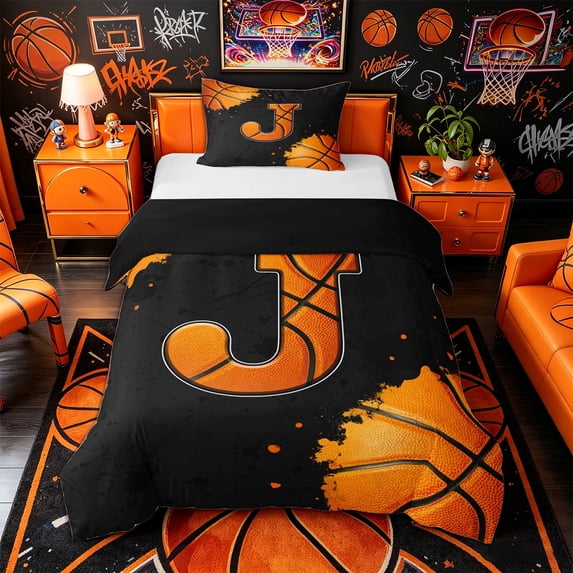 Castle Fairy Basketball Letter J Twin Duvet Cover, Sport Graffiti Splash Twin Bedding, Black Orange,Black Reversible,2pcs,1 Duvet Cover and 1 Pillowcase