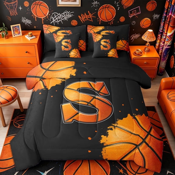 Castle Fairy Basketball Letter S Twin Bedding 7-Piece, Sport Graffiti Splash Bedding Comforter Set, Black Orange,Black Reversible