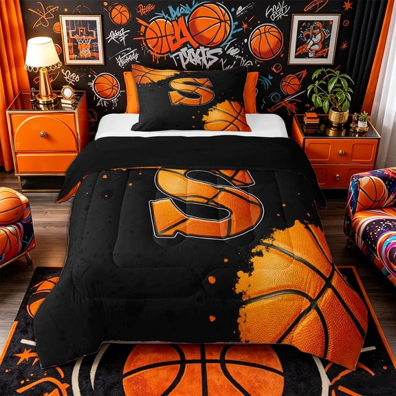 Castle Fairy Basketball Letter S Twin Comforter Sets 2pcs, Sport Graffiti Splash Bedding Set, Black Orange,Black Reversible,1 Comforter and 1 Pillowcase