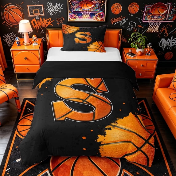 Castle Fairy Basketball Letter S Twin Duvet Cover, Sport Graffiti Splash Twin Bedding, Black Orange,Black Reversible,2pcs,1 Duvet Cover and 1 Pillowcase