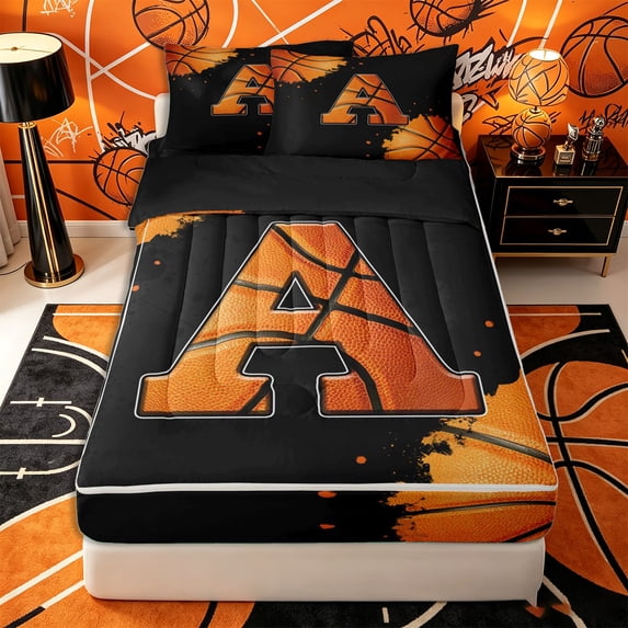 Castle Fairy Basketball Letter A Zipper Twin Comforter Sets with Fitted Sheet and 2 Pillowcases, Sport Graffiti Splash Zipper Bedding Set, Black Orange,4-Piece,Black Reversible