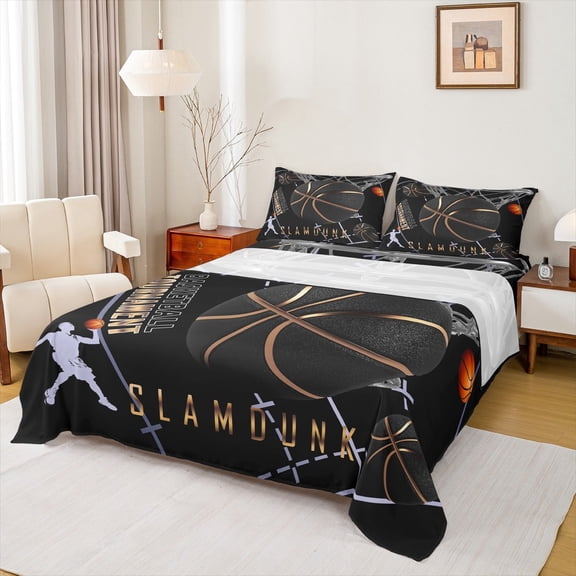 Castle Fairy Basketball Print 3pcs Twin Sheet Sets,Sport Theme Twin Fitted Sheet,Slam Dunk Breathable Flat Sheet,Super Cozy Gamer Room Decor
