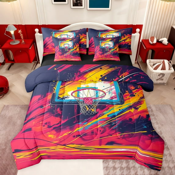 Castle Fairy Basketball Print Bedding Comforter Set 7-Piece for Boys Girls,Hippie Graffiti Splash King Bedding Sets,Sport Gamer Ultra Soft Bed Sheets,Super Cozy Room Decor,Reversible