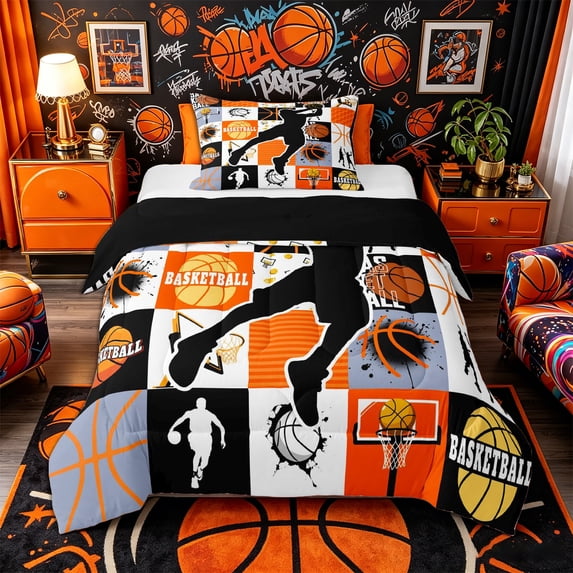 Castle Fairy Basketball Print Checkered Twin Comforter Sets 2pcs, Vintage Watercolor Splash Bedding Set, Orange Black White,Black Reversible,1 Comforter and 1 Pillowcase