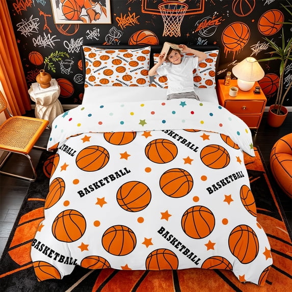 Castle Fairy Basketball Print Duvet Cover Queen, Stars Print Polka Dots Queen Bedding, Orange White,3-Piece,1 Duvet Cover and 2 Pillowcases