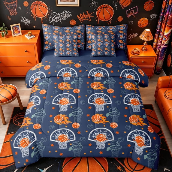 Castle Fairy Basketball Print Queen Bedding 7pcs, Sport Stars Print Bedding Comforter Set Queen, Blue Orange,Navy Blue Reversible