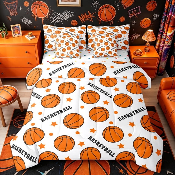 Castle Fairy Basketball Print Queen Bedding 7pcs, Stars Print Polka Dots Bedding Comforter Set Queen, Orange White