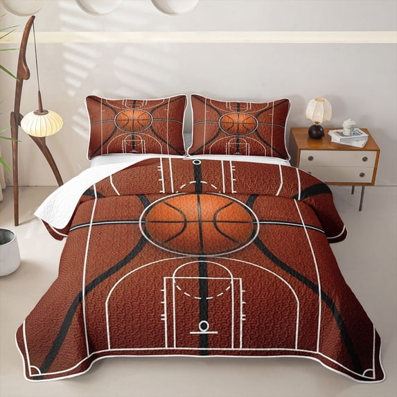 Castle Fairy Basketball Print Quilt Full,Leather Ball Pattern Full Bedspread Sets,Brown White Black
