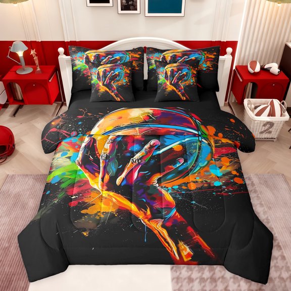 Castle Fairy Basketball Print Twin Bedding Sets 7-Piece for Boys Girls,Hippie Graffiti Splash Bedding Comforter Set Microfiber,Sport Gamer Breathable Sheet Sets,Super Cozy Room Decor,Reversible