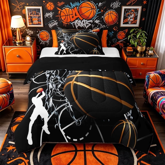 Castle Fairy Basketball Print Twin Comforter Sets 2pcs, Hoop Silhouette Pattern Bedding Set, Black Gold White,Black Reversible,1 Comforter and 1 Pillowcase