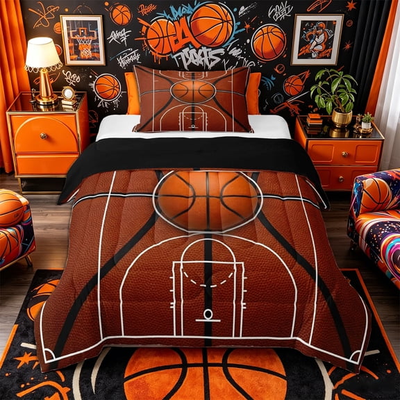 Castle Fairy Basketball Print Twin Comforter Sets 2pcs, Leather Ball Pattern Bedding Set, Brown White Black,Black Reversible,1 Comforter and 1 Pillowcase