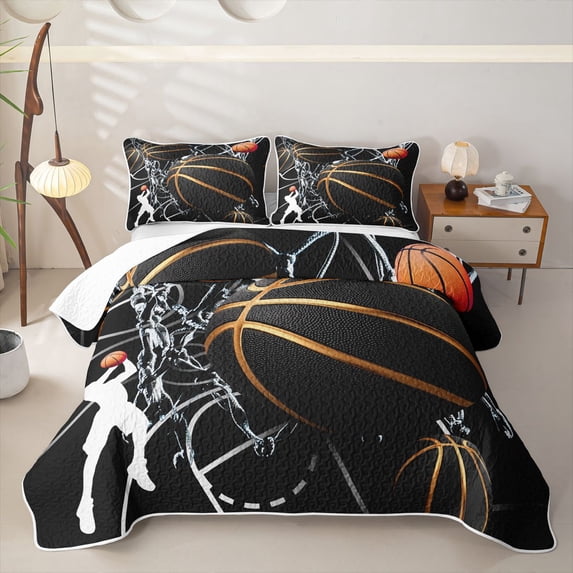 Castle Fairy Basketball Print Twin Quilt Set,Hoop Silhouette Pattern Twin Coverlet Set,Black Gold White