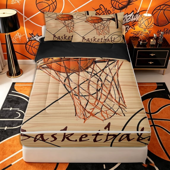 Castle Fairy Basketball Print Zipper Twin Comforter Sets with Fitted Sheet and 2 Pillowcases, Hoop Pattern Zipper Bedding Set, Brown Orange,4-Piece,Black Reversible