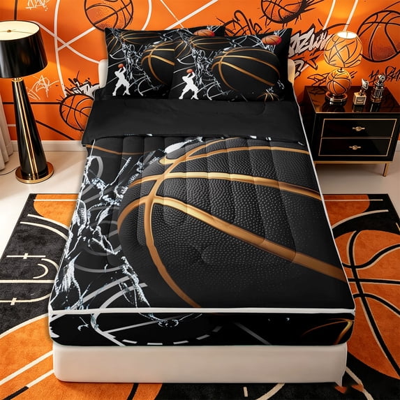 Castle Fairy Basketball Print Zipper Twin Comforter Sets with Fitted Sheet and 2 Pillowcases, Hoop Silhouette Pattern Zipper Bedding Set, Black Gold White,4-Piece,Black Reversible