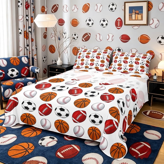 Castle Fairy Basketball Soccer Football Baseball Bed Sheets 4-Piece, Sport Ball Game Full Size Sheets, Multicolor White,1 Fitted Sheet, 1 Flat Sheet and 2 Pillowcases