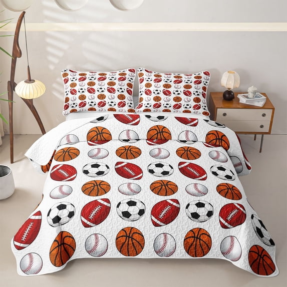 Castle Fairy Basketball Soccer Football Baseball Quilt King,Sport Ball Game King Coverlet Set,Multicolor White