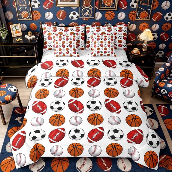Castle Fairy Basketball Soccer Football Baseball Twin Bedding 7-Piece, Sport Ball Game Bedding Comforter Set, Multicolor White