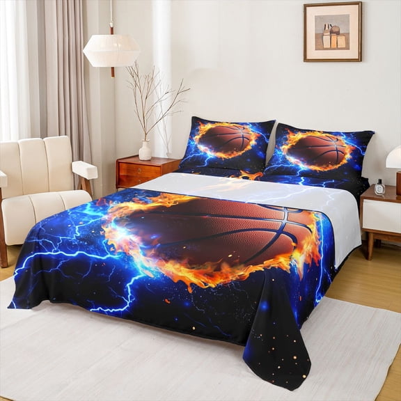 Castle Fairy Basketball Sport Queen Sheet Sets for Female Men,Flame Lightning Bed Set
