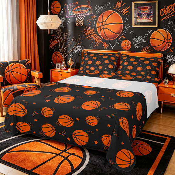 Castle Fairy Basketball Sport Queen Sheets 4 Pieces, Stars Print Queen Sheet Sets,1 Fitted Sheet, 1 Flat Sheet and 2 Pillowcases
