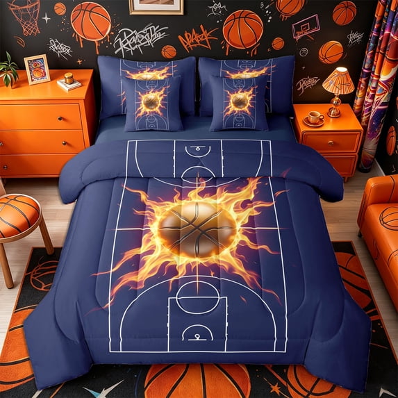 Castle Fairy Basketball Sport Twin Bedding 7-Piece, Sport Court Bedding Comforter Set, Navy Gold Orange,Navy Blue Reversible