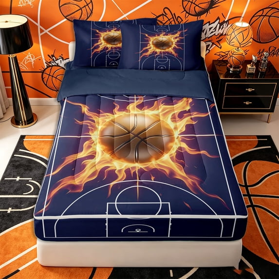 Castle Fairy Basketball Sport Zipper Full Size Comforter Sets with Fitted Sheet and 2 Pillowcases, Sport Court Zipper Bedding Set, Navy Gold Orange,4pcs,Navy Blue Reversible