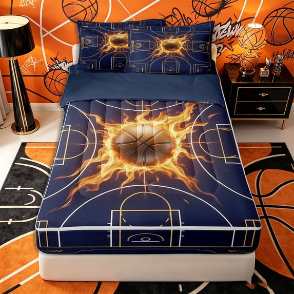 Castle Fairy Basketball Sport Zipper Twin Comforter Sets with Fitted Sheet and 2 Pillowcases, Sport Court Zipper Bedding Set, Navy Gold Orange,4-Piece,Navy Blue Reversible