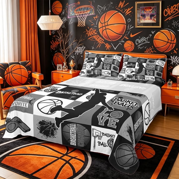 Castle Fairy Basketball Theme Collage Bed Sheets 4-Piece, Sport Geometric Grid Full Size Sheets, Black Gray,1 Fitted Sheet, 1 Flat Sheet and 2 Pillowcases