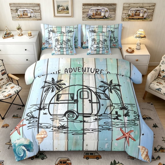 Castle Fairy Beach Camper Art Bedding Comforter Set 7 Pieces for Adults, Adventure Theme Full Bedding Set for Bedroom, Blue White,Grey Reversible