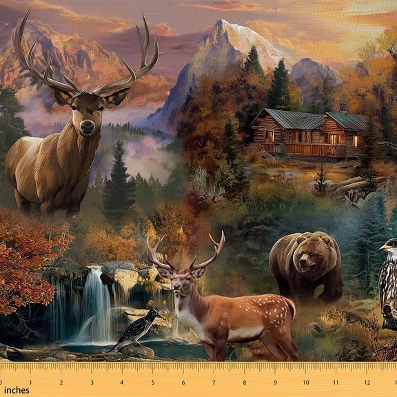 Castle Fairy Bear Deer Fabric by the Yard 3 Yards for Teenager,Rustic Cabin Sewing Fabric,Jungle Animal Fabric for Sewing,Lightweight Room Decor