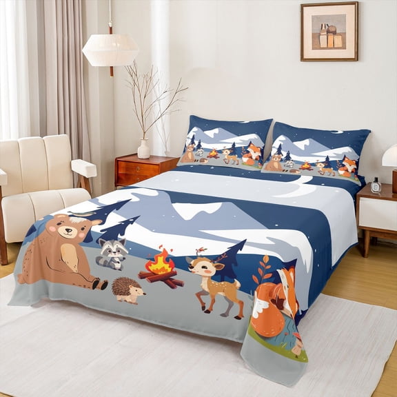 Castle Fairy Bear Deer Fox Boy Girl Twin Sheet Sets 3pcs,Cartoon Jungle Animal Twin Fitted Sheet Microfiber,Kawaii Woodland Wildlife Breathable Flat Sheet,Ultra Soft Home Decor