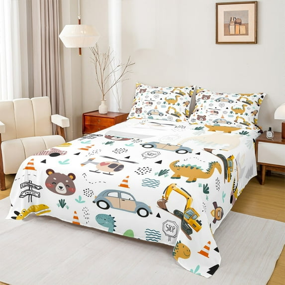 Castle Fairy Bear Dinosaur 4 Pieces Queen Sheet Sets for Child Boys Girls,Cartoon Plane Truck Ultra Soft Flat Sheet,Kawaii Animal Queen Fitted Sheet,Super Cozy Room Decor