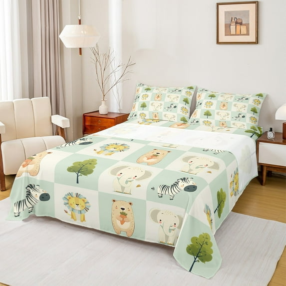 Castle Fairy Bear Zebra Elephant Lion 4pcs Bed Sheets,Geometric Plaid King Sheets,Cute Animal Super Cozy Sheet Set,Ultra Soft Kawaii Home Decor