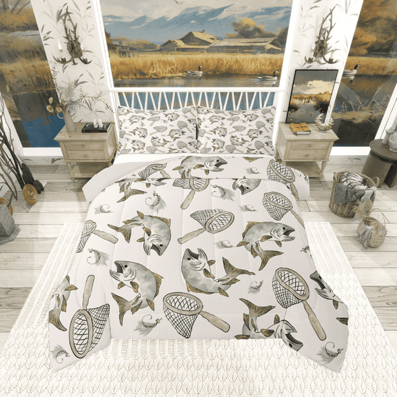 Castle Fairy Big Bass Fish 3-Piece Full Size Comforter Sets,Fishing Hunting Bedding Comforter Set,Lodge Cabin Lightweight Bedding Sets,Microfiber Rustic Bedroom Decor,Reversible