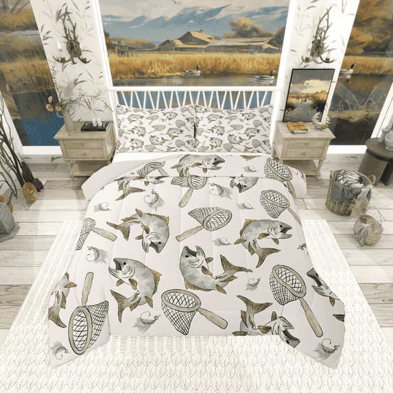 Castle Fairy Big Bass Fish 3 Pieces Queen Comforter Set,Fishing Hunting Ultra Soft Bedding Sets,Lodge Cabin Bedding Comforter Set,Microfiber Rustic Bedroom Decor,Reversible