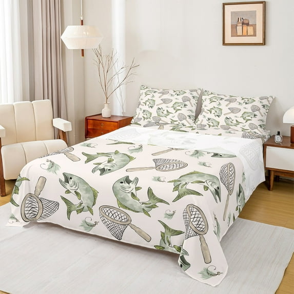 Castle Fairy Big Bass Fish 3pcs Twin Sheet Sets,Fishing Hunting Twin Fitted Sheet,Lodge Cabin Breathable Flat Sheet,Microfiber Rustic Bedroom Decor