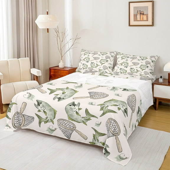Castle Fairy Big Bass Fish 4-Piece Full Size Sheets,Fishing Hunting Bed Sheets,Lodge Cabin Lightweight Sheet Sets,Microfiber Rustic Bedroom Decor