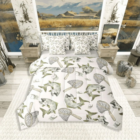 Castle Fairy Big Bass Fish 7-Piece Twin Bedding Sets,Fishing Hunting Bedding Comforter Set,Lodge Cabin Breathable Sheet Sets,Microfiber Rustic Bedroom Decor,Reversible