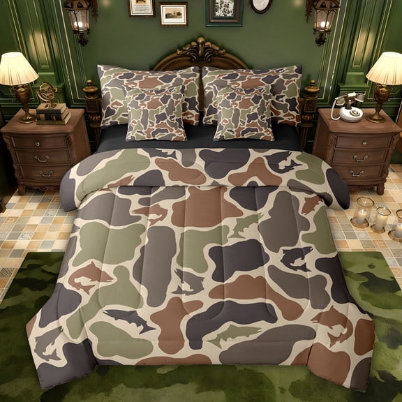Castle Fairy Big Bass Fish Bedding Comforter Set, Vintage Camouflage Camo King Bedding