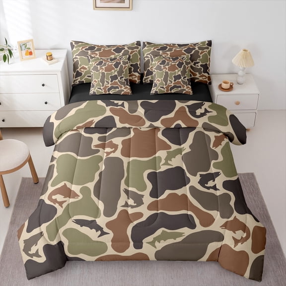 Castle Fairy Big Bass Fish Bedding Comforter Set,Vintage CamouflageQueen Bedding Sets