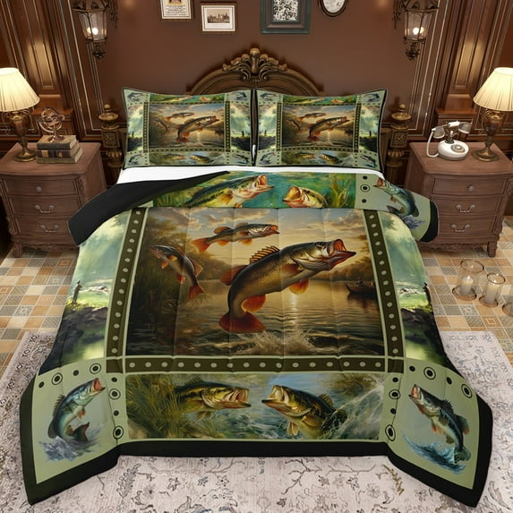 Castle Fairy Big Bass Fish Full Size Comforter Sets 3-Piece for Female Men Women,Geometric Plaid Bedding Comforter Set,Fishing Theme Lightweight Bedding Sets,Ultra Soft Home Decor,Reversible