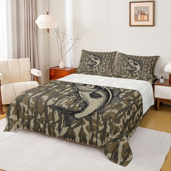 Castle Fairy Big Bass Fish Full Size Sheets,Vintage Abstract Camouflage Bed Sheets