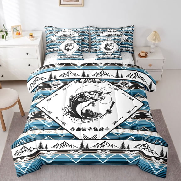 Castle Fairy Big Bass Fish Twin Bedding Sets 7-Piece for Boys Girls,Hippie Tribal Aztec Bedding Comforter Set Microfiber,Fishing Theme Breathable Sheet Sets,Breathable Home Decor,Reversible