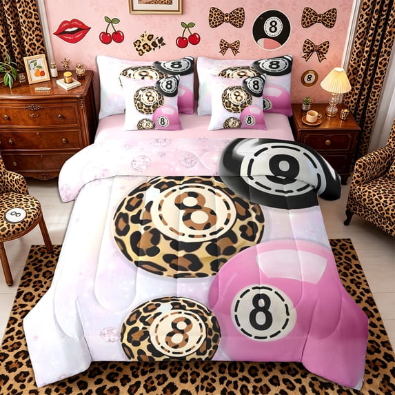 Castle Fairy Billiard Leopard Print Twin Bedding 7-Piece, Diamond Pattern Bedding Comforter Set, Pink Black Brown,Pink Reversible