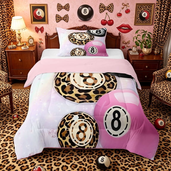 Castle Fairy Billiard Leopard Print Twin Comforter Sets 2pcs, Diamond Pattern Bedding Set, Pink Black Brown,Pink Reversible,1 Comforter and 1 Pillowcase